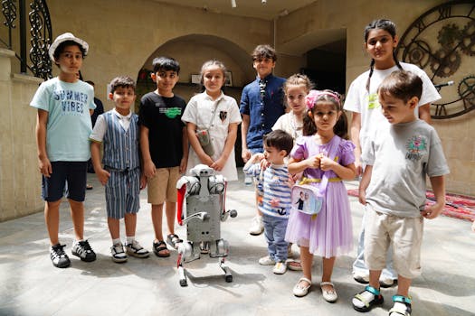 A diverse group of children joyfully interacting with a humanoid robot indoors, showcasing future technology.