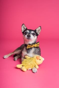 在粉色背景下，可爱的吉娃娃狗打着领结，摆出一个黄色毛绒玩具