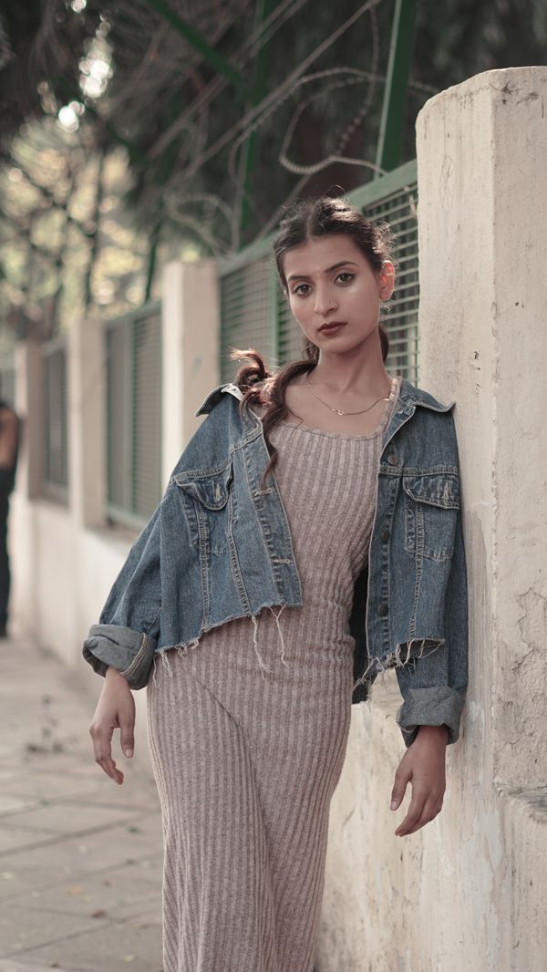 Knit midi dress with denim jacket