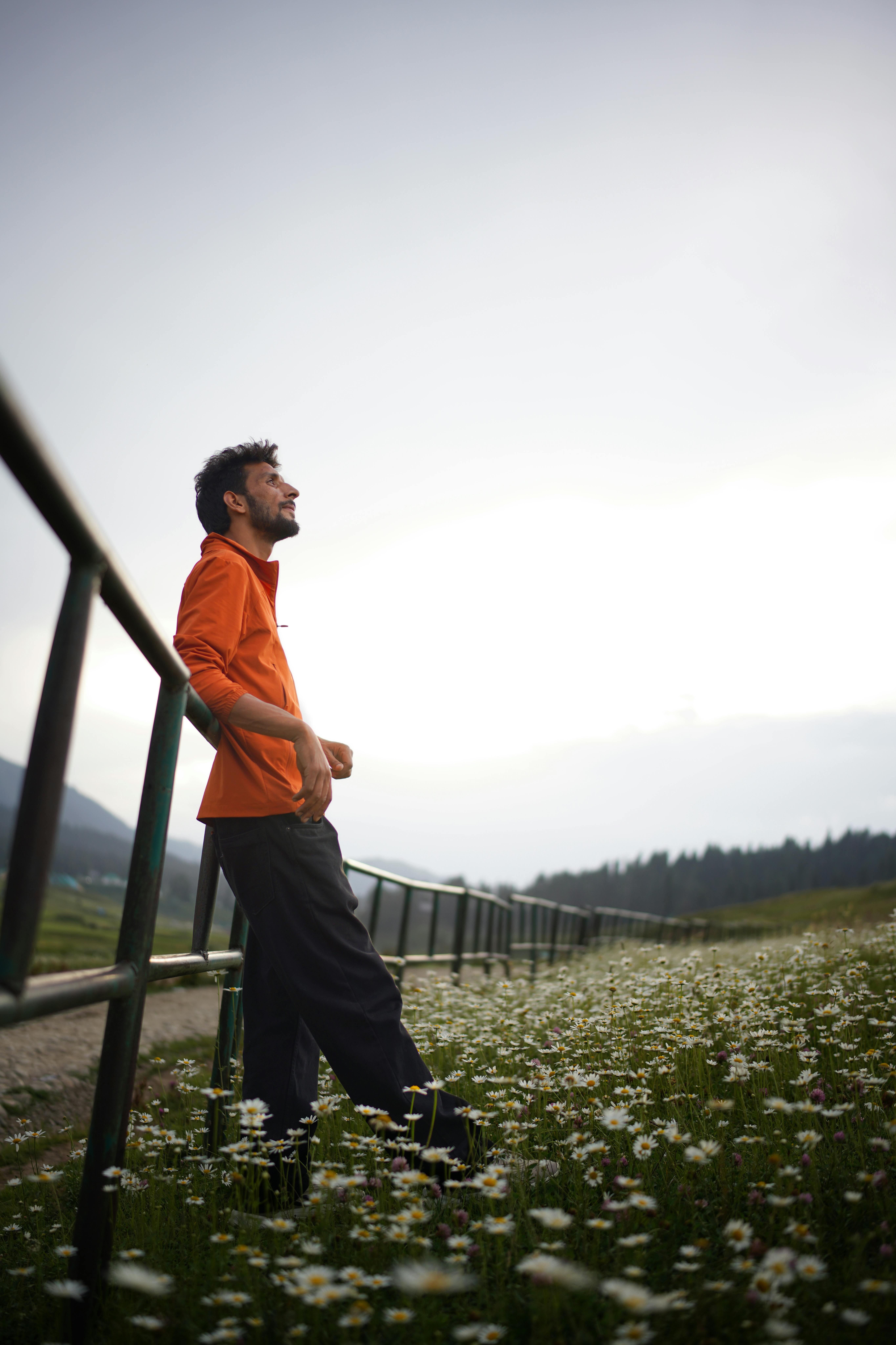 A man in orange jacket stands thoughtfully in a flower field in Gulmarg, showcasing serene natural beauty.