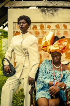 Stylish portrait of two adults in vibrant traditional African attire outdoors.