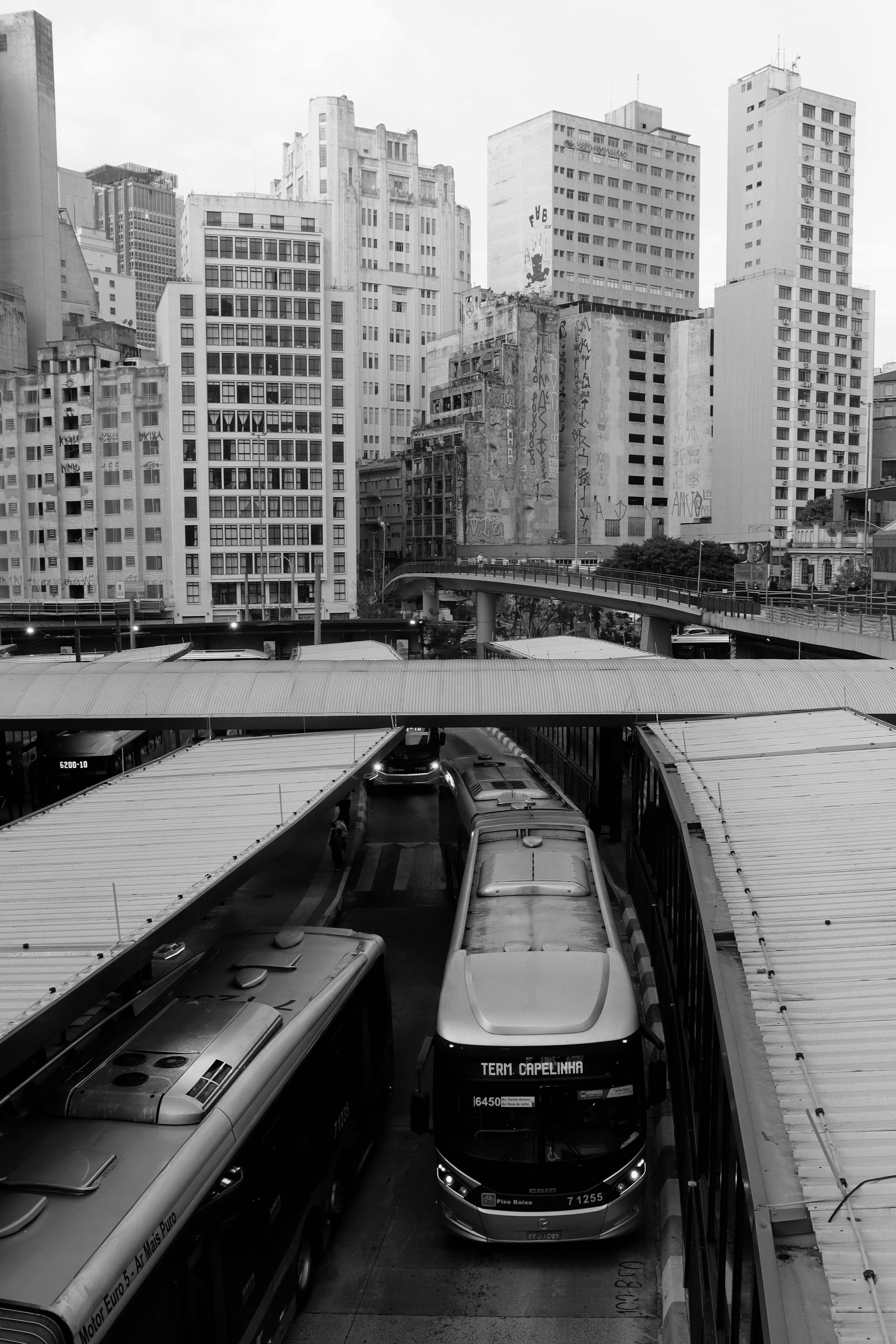A bustling urban cityscape in monochrome with buses and high-rise buildings.