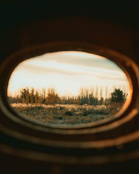 Beautiful landscape view captured through a circular frame with trees and sky.