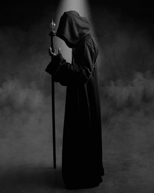 A mysterious hooded figure holding a staff, enveloped in darkness.