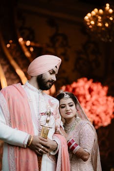 A couple in traditional Indian wedding attire, beautifully adorned, showcasing cultural elegance and love.