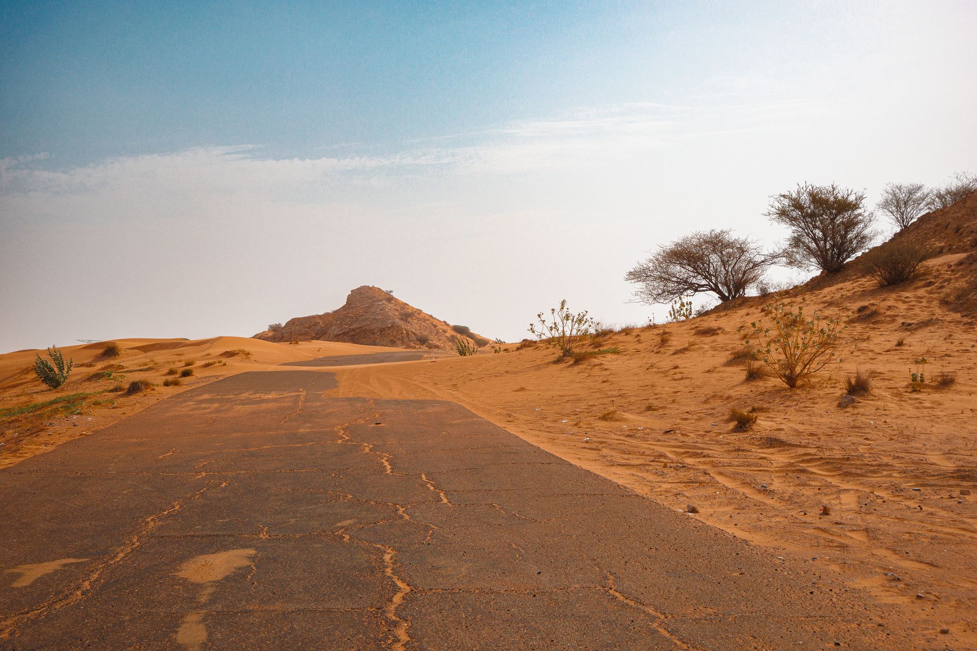 A picturesque road winds through the arid Arabian desert landscape in Sharjah, UAE.