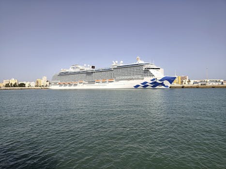 Large cruise ship docked in the scenic harbor of Cádiz, Spain under a clear blue sky.