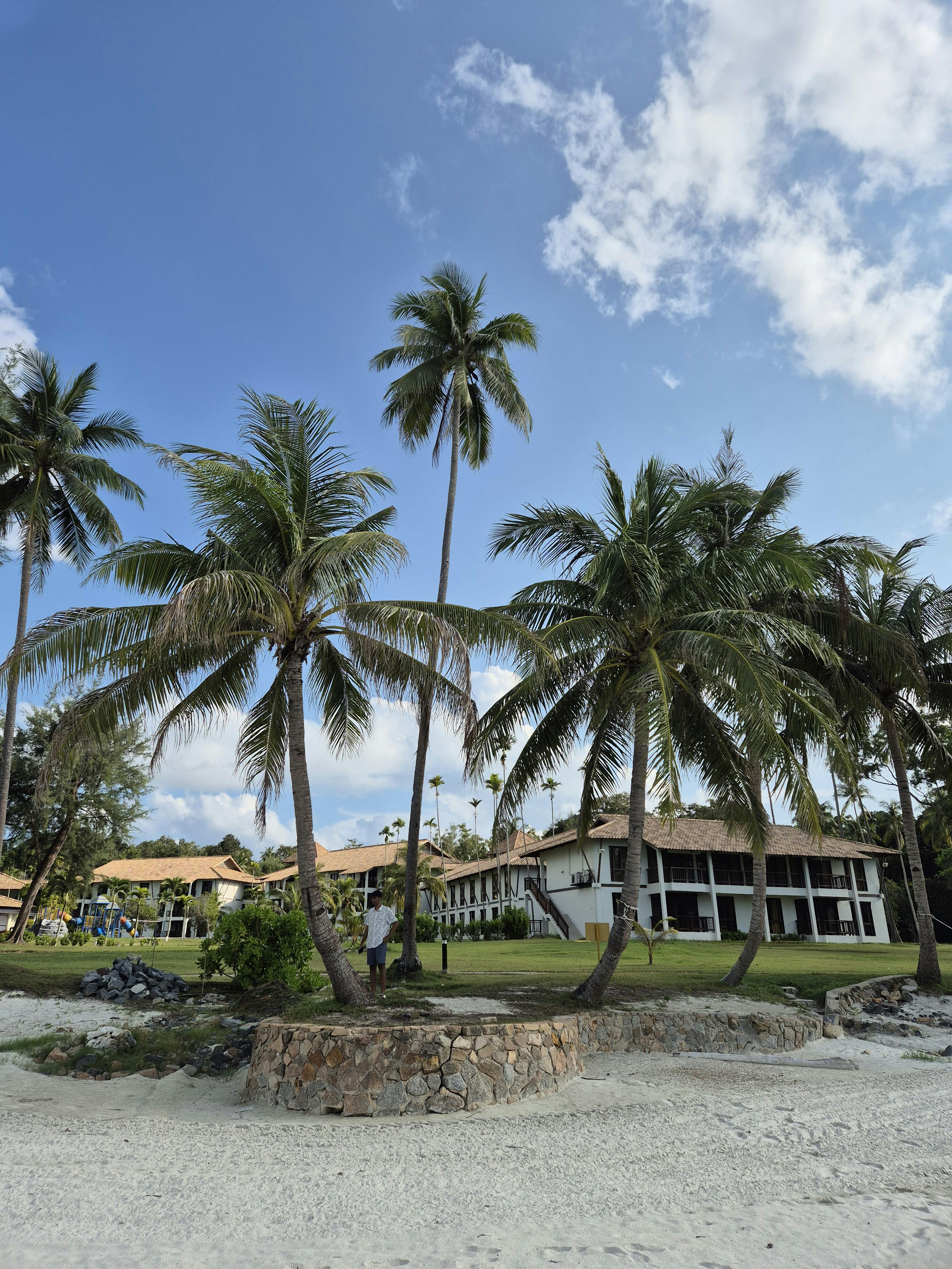White sand beach at Lagoi Bay in northern Bintan with palm trees and a resort visible behind the shoreline