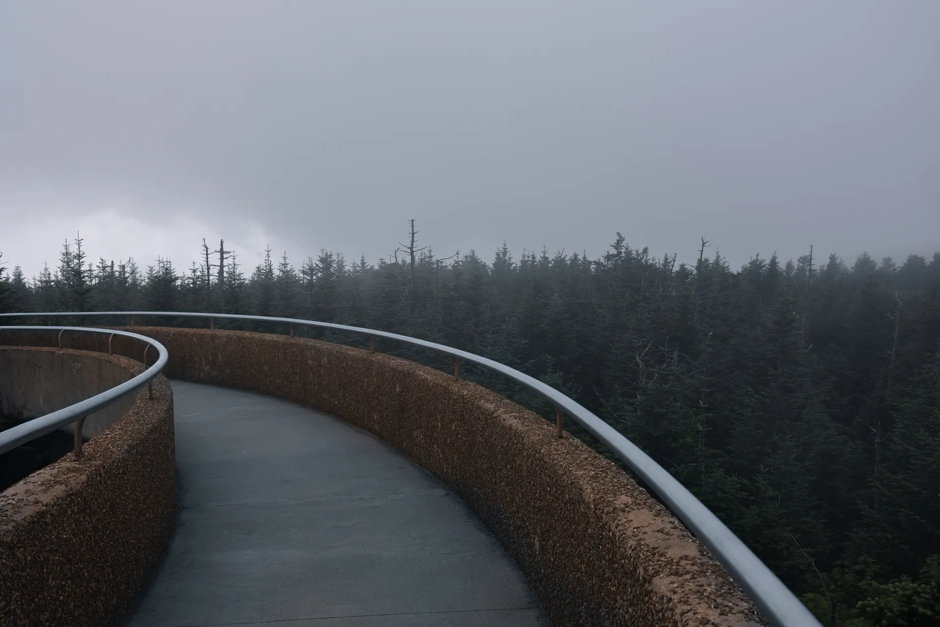 Foggy view from Clingmans Dome in the Great Smoky Mountains, offering a natural landscape. Foggy view from Clingmans Dome in the Great Smoky Mountains, offering a natural landscape.