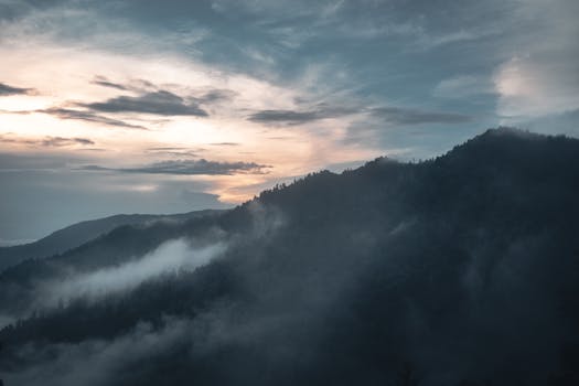Beautiful sunrise over foggy Smoky Mountains in Gatlinburg, Tennessee.