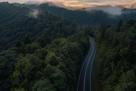 Aerial view of winding road through lush Smoky Mountains in Gatlinburg at sunset, surrounded by mist.