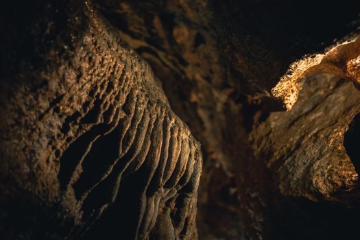 Close-up of natural stalactite formations inside a cave in Gatlinburg, Tennessee.