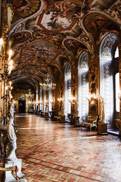 Free Richly decorated Italian hallway adorned with frescoes and sculptures, showcasing classical art. Stock Photo