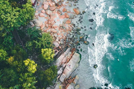 Breathtaking aerial view of a rocky seashore with lush greenery and turquoise waves.