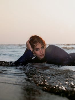 Captured serene portrait of a young woman lying on the beach during sunset.