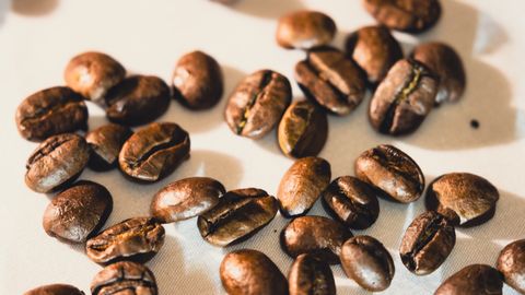 Bright close-up of roasted coffee beans scattered on white surface, ideal for coffee-themed designs.