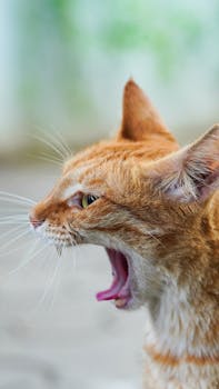 Close-up of a yawning ginger cat outdoors in Mumbai, showing feline expression and natural environment.