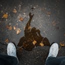 水坑里倒映着飞机，还有一个人的影子和运动鞋