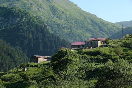Beautiful rural landscape of Gümüşhane, Türkiye featuring green hills and rustic chalets.