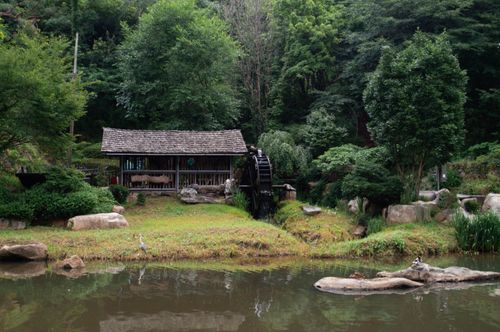 Free A serene traditional Korean watermill surrounded by lush greenery, located near a tranquil pond in Seoul. Stock Photo