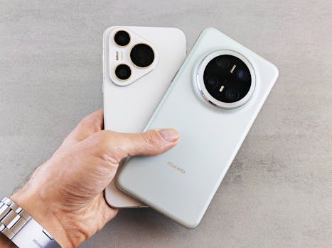 Close-up of a hand holding two modern smartphones, showcasing their sleek design.