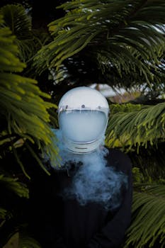 一个戴着头盔的神秘人被树叶和烟雾包围，营造出神秘的户外场景