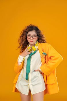 Fashion portrait of a woman in vibrant attire against a solid yellow backdrop, exuding modern style.