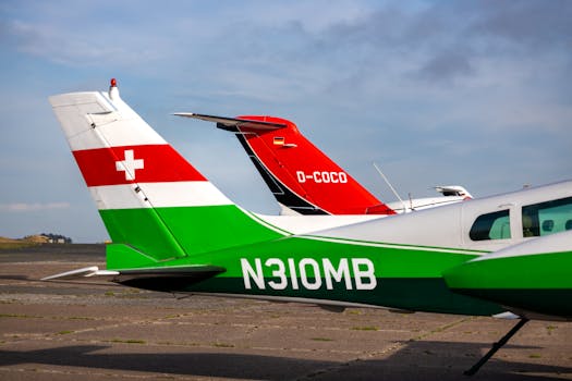 Vibrant airplane tail fins on tarmac, highlighting aviation design and color contrast.