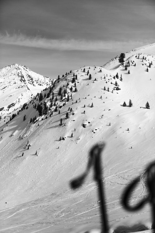 Free A dramatic monochrome landscape of snow-covered mountains and sparse trees. Stock Photo