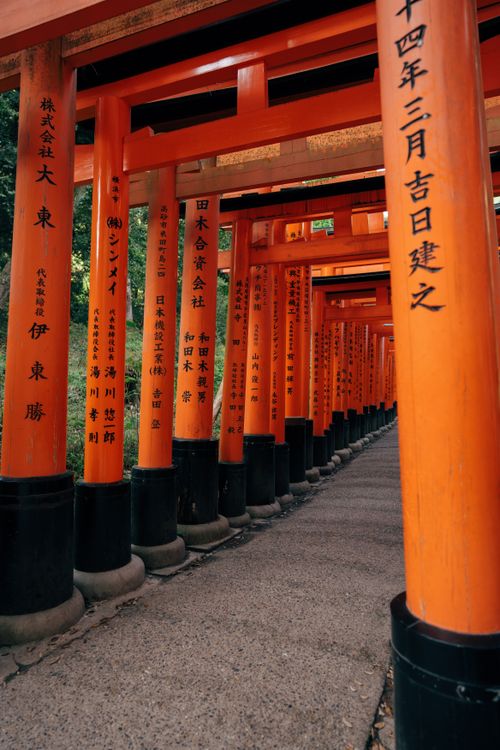 Free Discover the vibrant orange torii gates at Fushimi Inari Shrine in Kyoto, Japan. A mesmerizing sight! Stock Photo
