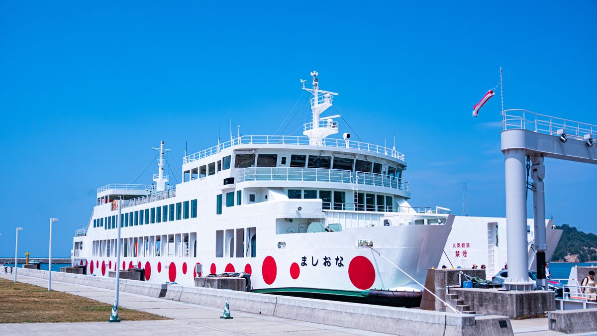 岸壁に接岸している白いカーフェリー。船体に赤い丸の模様が並んでいる