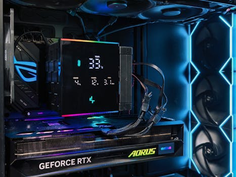 Detailed view of a gaming PC interior featuring an AORUS graphics card and RGB lighting setup.