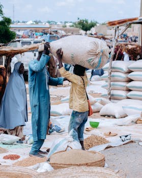 Vibrant market with workers handling large sacks in an African setting.