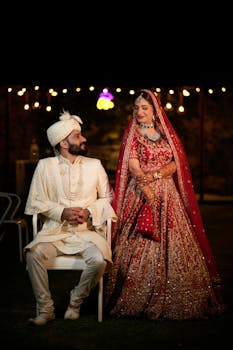 Asian bride and groom in traditional attire at a beautifully lit outdoor nighttime wedding.