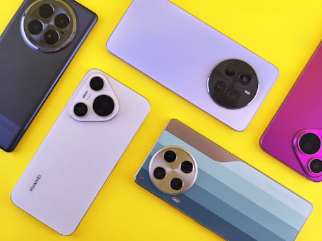 Vibrant flat lay of various smartphones on a bright yellow background showcasing modern design.