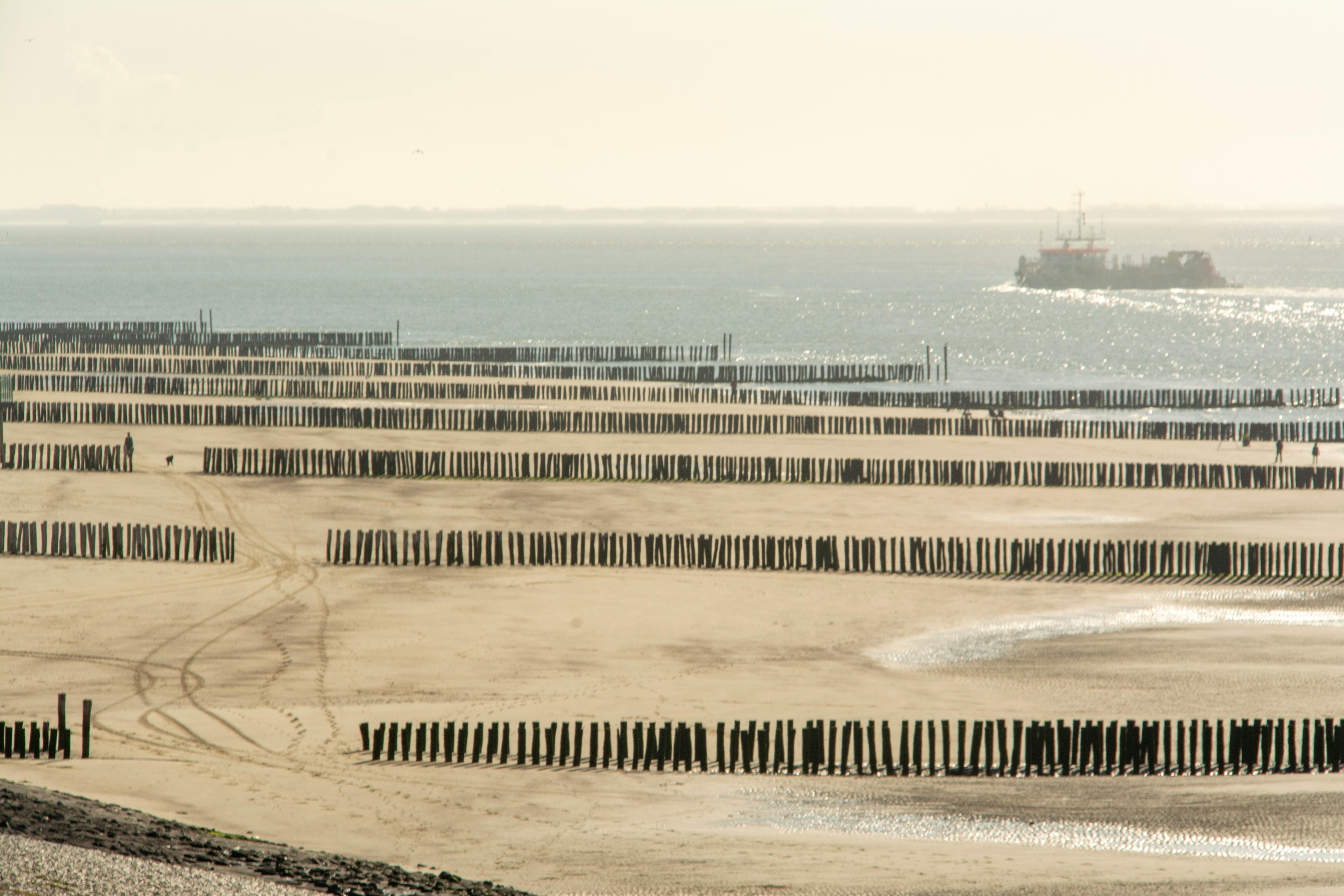 Serene view of coastal breakwaters at low tide with distant ship on the horizon.