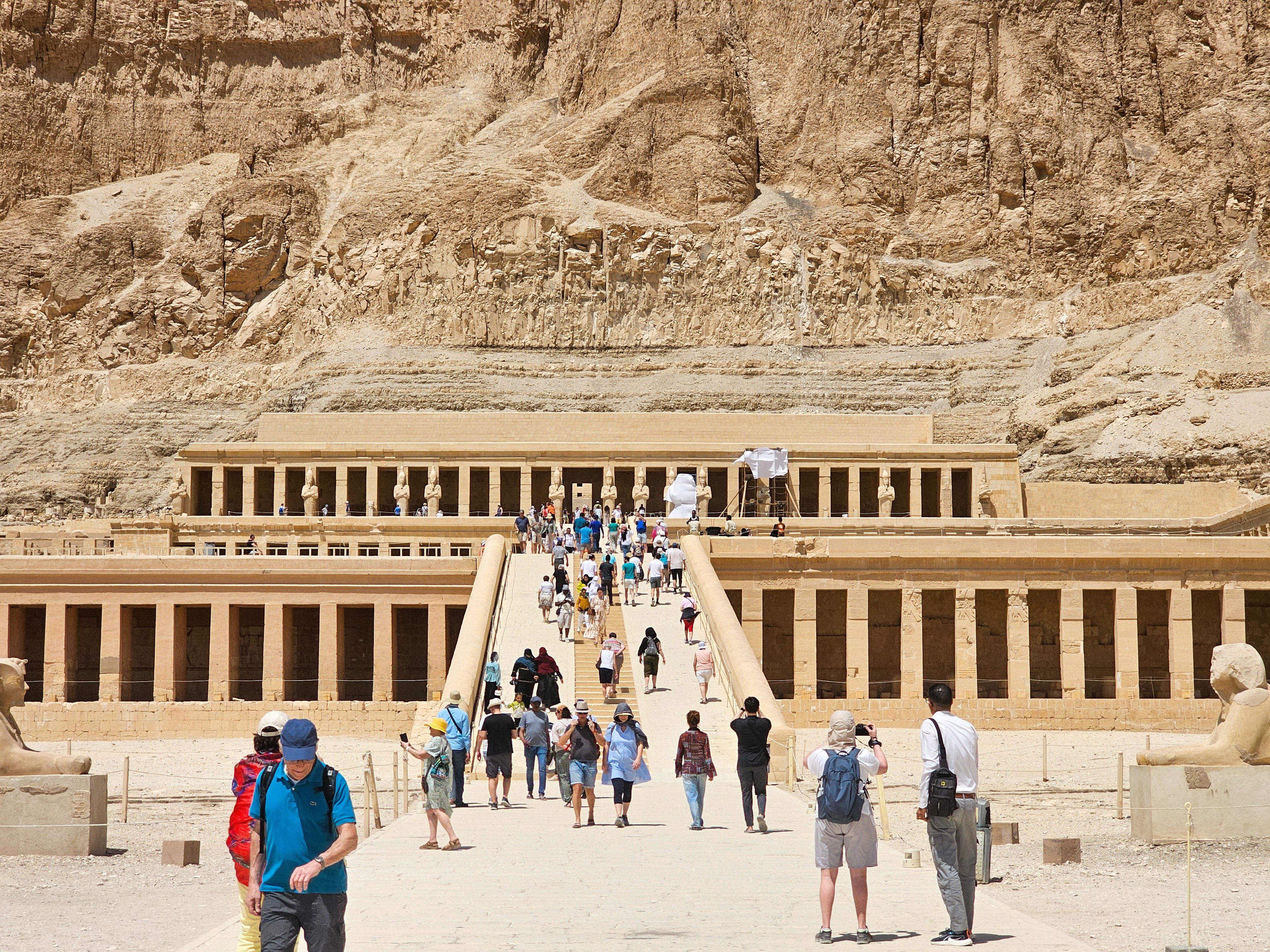 Terraced facade of Hatshepsut Temple against Deir el-Bahari cliffs