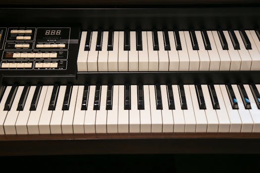 High-quality image of a vintage electric organ's keyboard and control panel, perfect for music-themed projects.