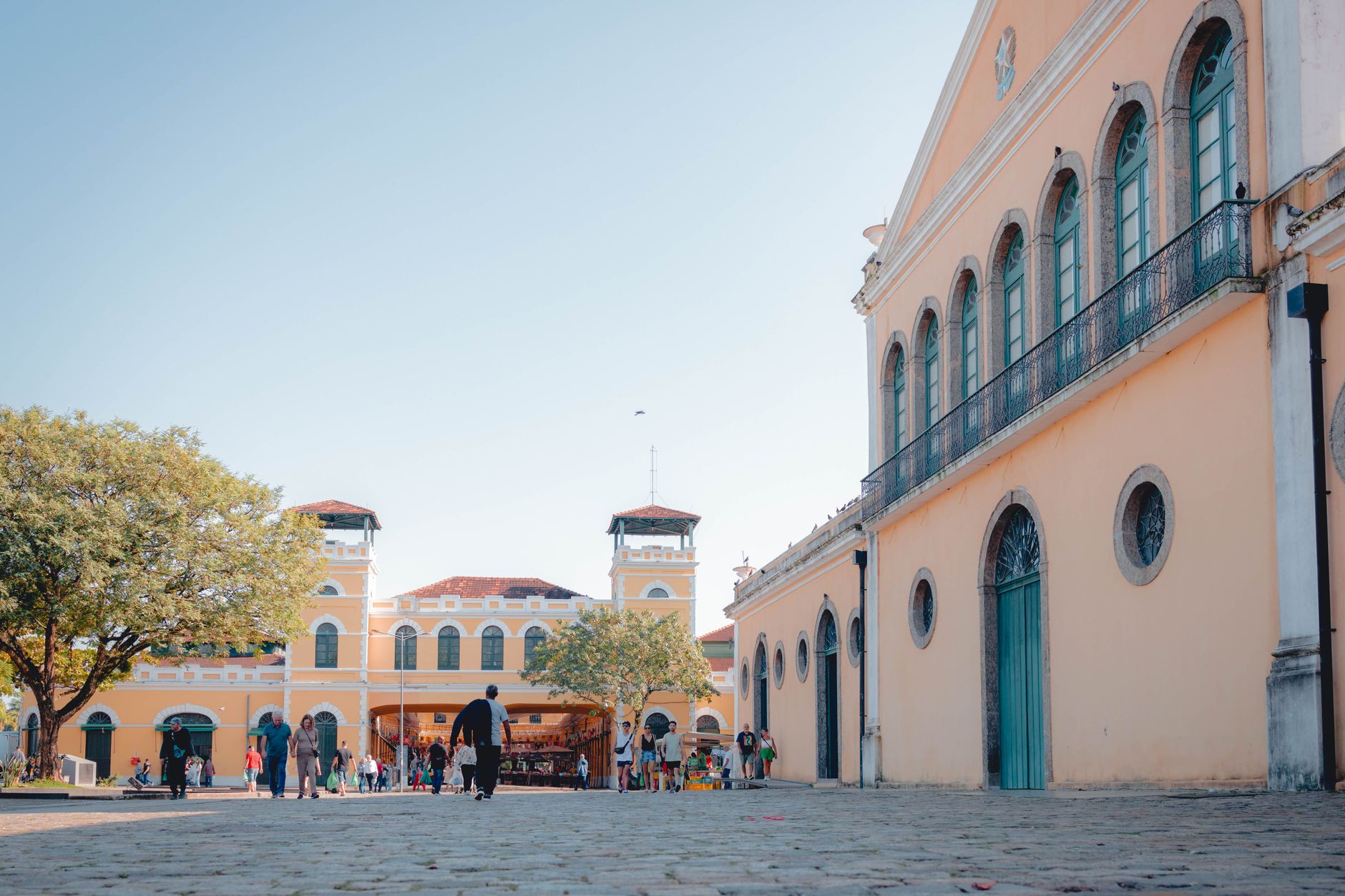 Experience the vibrant Mercado Público in Florianópolis, bustling with people on a sunny day.