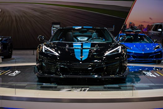 Capture the elegance of a black and blue Corvette showcased at the Toronto Auto Show, embodying automotive engineering and design.