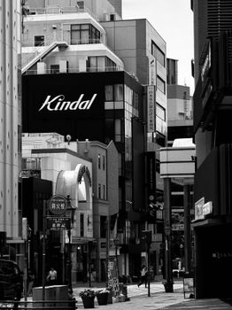 Monochrome view of a bustling Tokyo street with modern architecture.