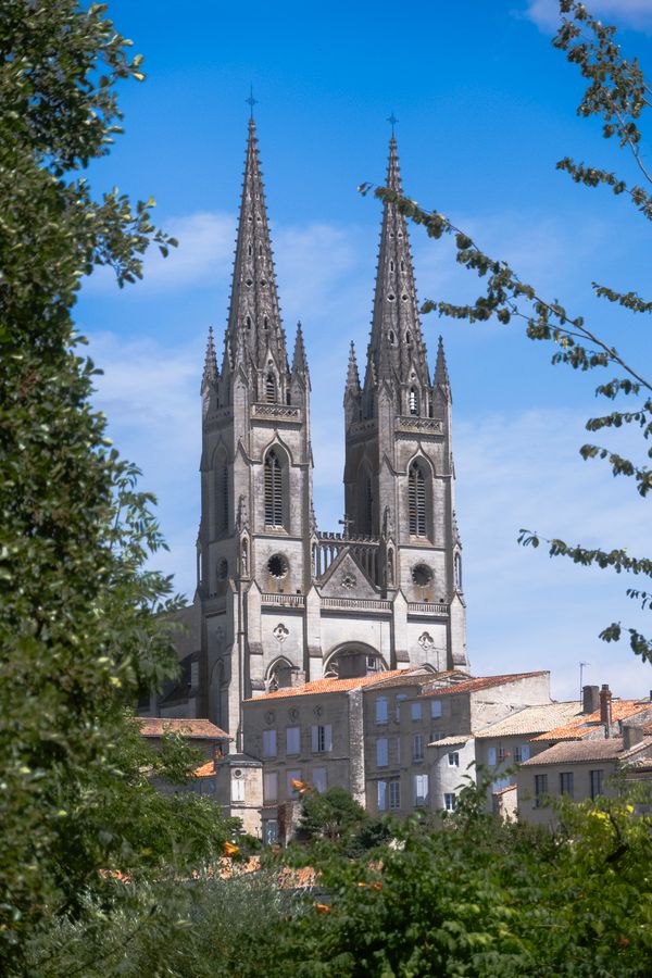 Beautiful architecture of Niort Cathedral framed by lush greenery in summer
