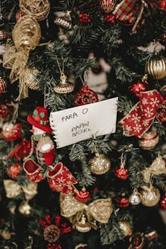 一棵装饰精美的圣诞树特写，上面挂着装饰品和圣诞老人的便条