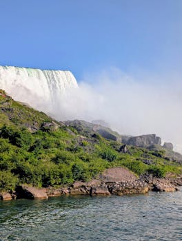 A stunning view of Niagara Falls with lush greenery and misty waters.