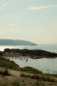 People enjoying a sunny day swimming off a rocky beach scene.