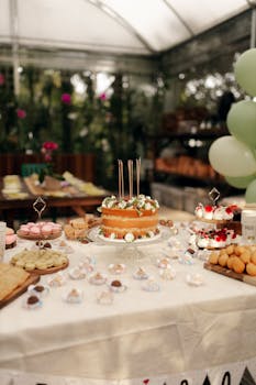 Festive dessert table with cake, macarons, and treats in a bright outdoor setting. Perfect for parties and celebrations.