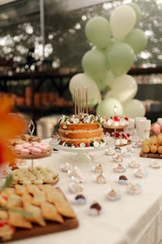 Outdoor dessert table featuring a decorated cake with floral accents and pastel balloons, perfect for celebrations.