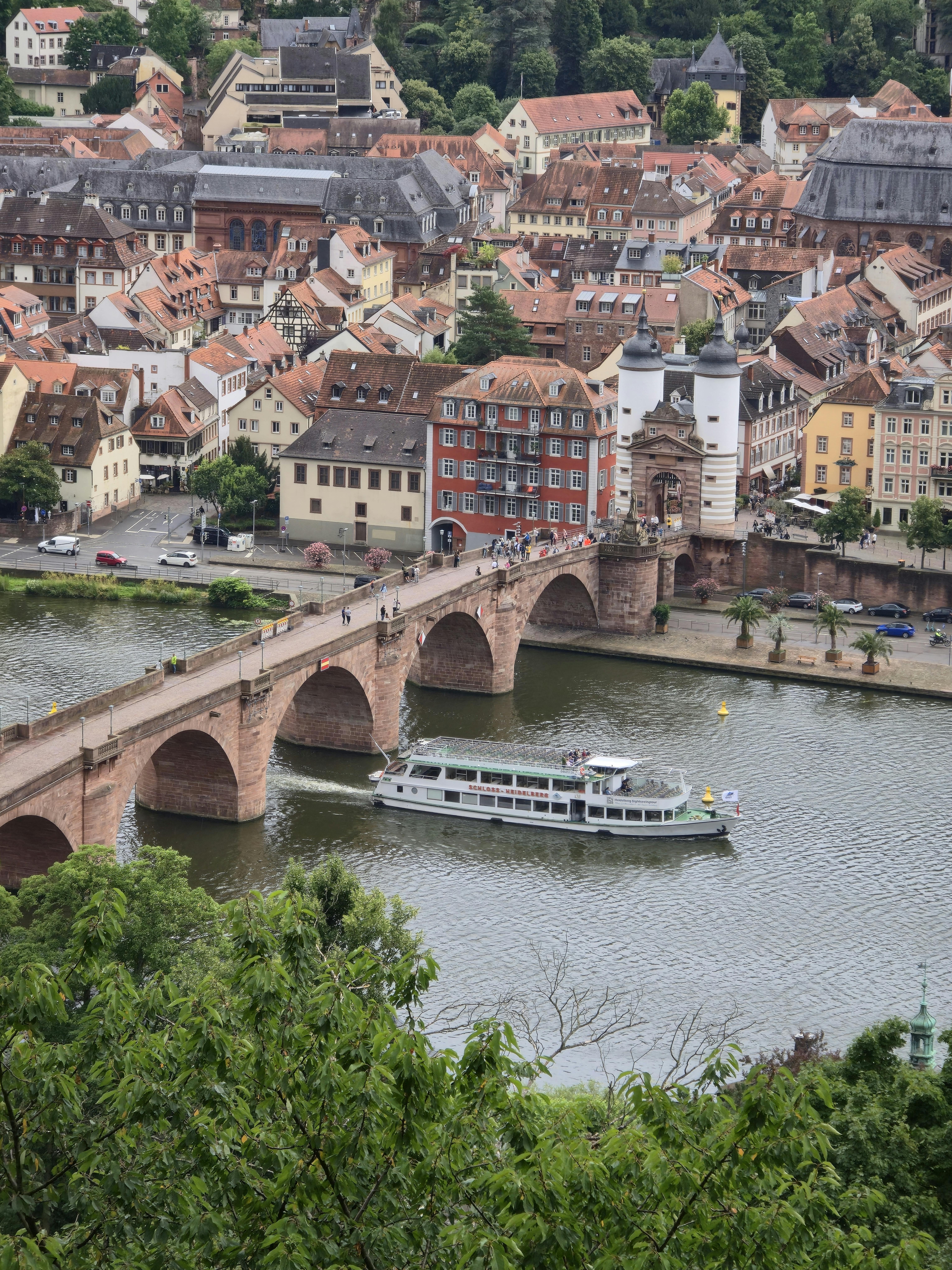 Scenic view of Heidelberg’s Old Bridge and historic town buildings from above.