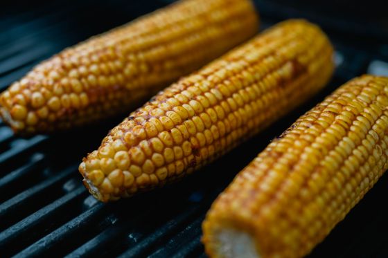 Three husked corn cobs with golden, lightly charred kernels cooking on a grill grate