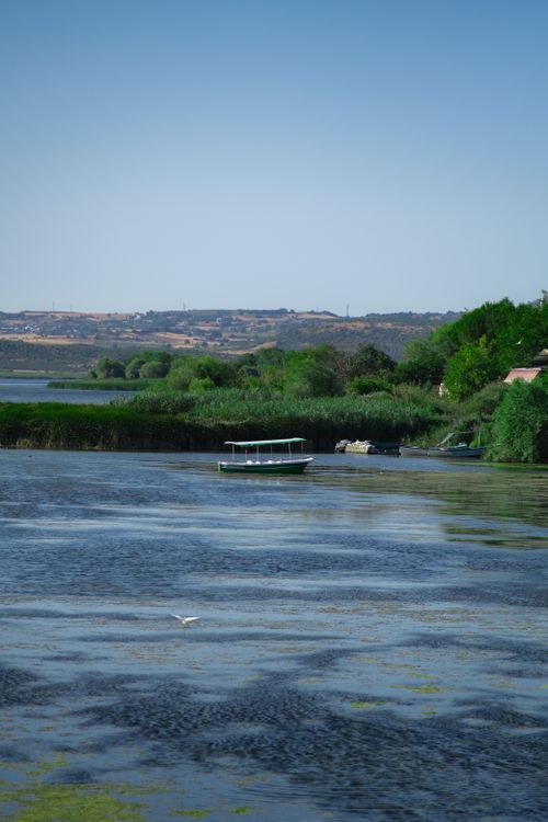 Free A peaceful river scene with a small boat amidst lush greenery and clear skies. Stock Photo